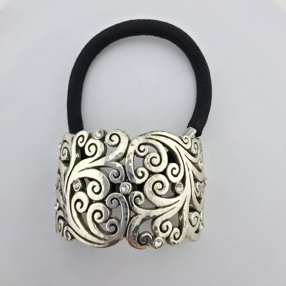 BRIGHTON 'Madrid Lace' Ponytail Holder Hair Tie Crystal Scrollwork Silver Plate